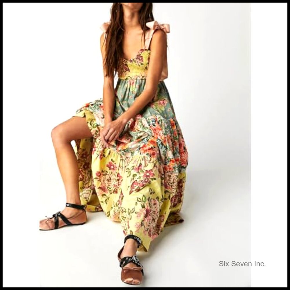 Polyester Floral Maxi Dress Smocked Bodice Tie Shoulder Pockets Boho - Picture 4 of 6